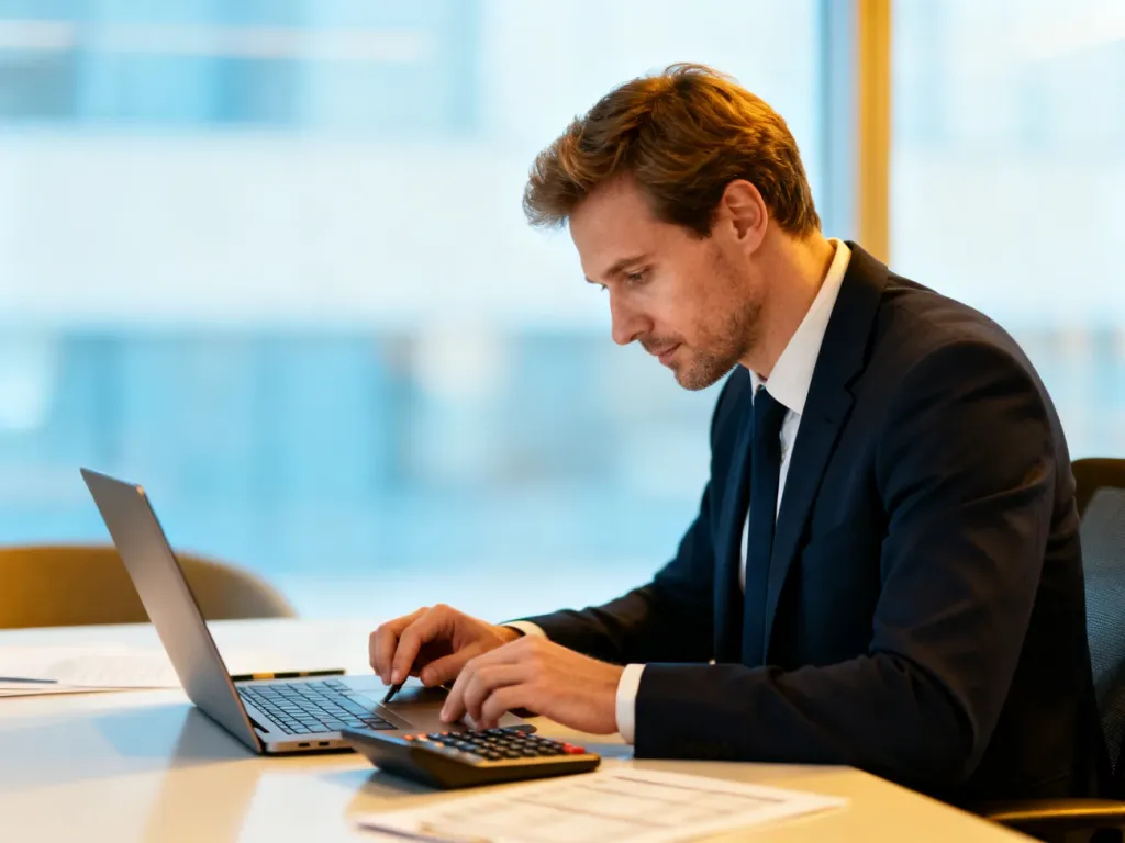 Profesjonalista obliczający finanse na laptopie w nowoczesnym biurze, ilustrujący kalkulator wynagrodzeń.