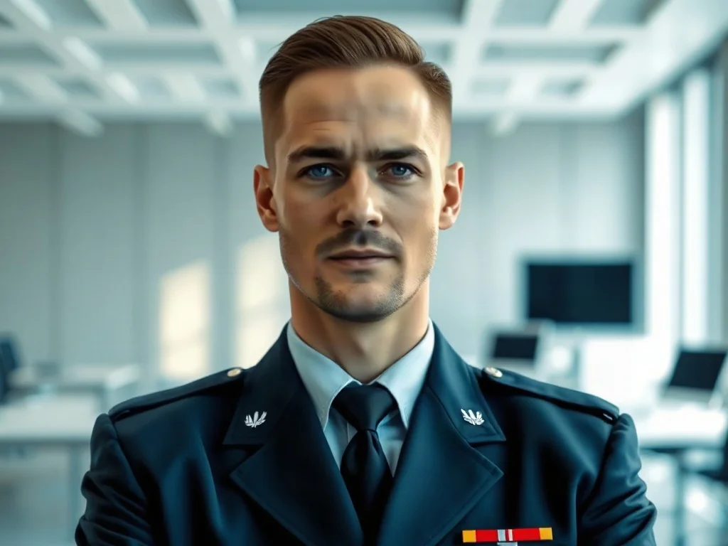 Profesjonalny portret żołnierza w mundurze polowym, stojącego w nowoczesnym biurze.