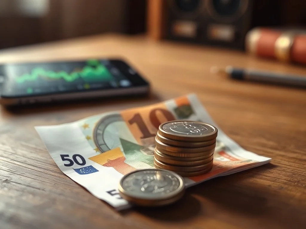 Banknot 50 euro obok polskich monet na drewnianym stole. W tle smartfon z aplikacją do przeliczania walut i wykresami.