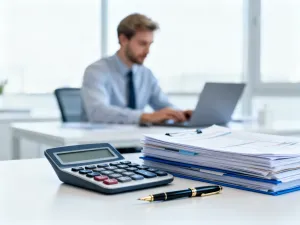 Zadowolona kobieta w nowoczesnym biurze sprawdza swoje wynagrodzenie na tablecie.