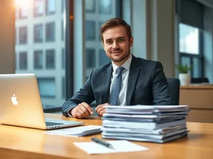 Profesjonalny portret żołnierza w mundurze polowym, stojącego w nowoczesnym biurze.