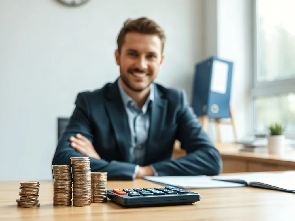 Mężczyzna przy biurku z kalkulatorem i monetami, symbolizujący rozliczenia finansowe i pracę radnego.