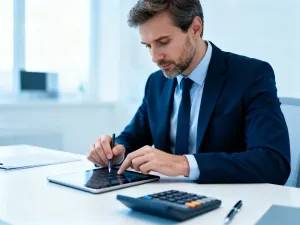Kobieta w biurze skupiona na pracy przy laptopie i obliczeniach finansowych.