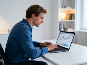 Profesjonalista obliczający finanse na laptopie w nowoczesnym biurze, ilustrujący kalkulator wynagrodzeń.