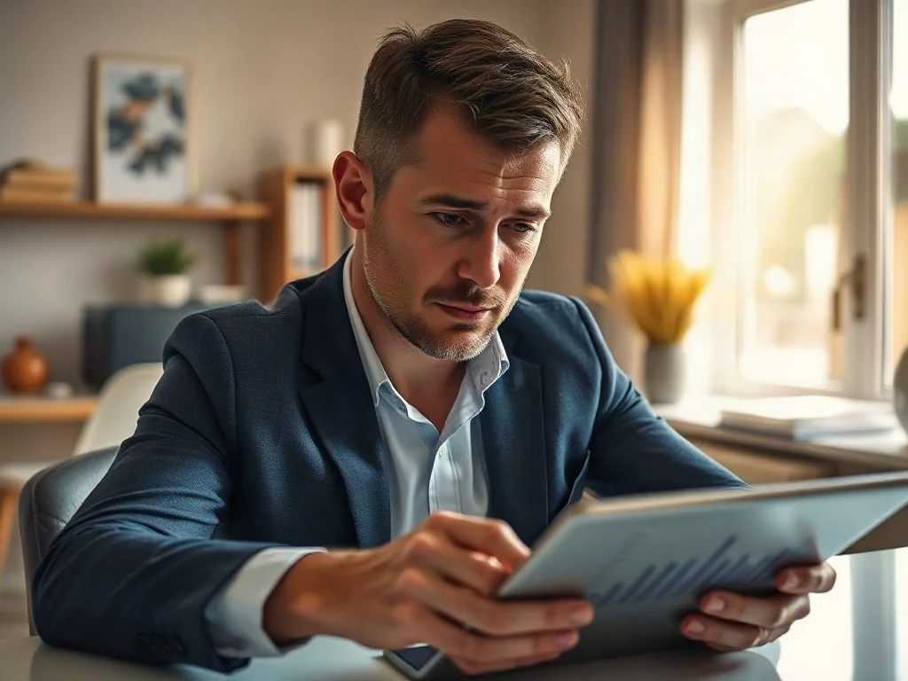 Mężczyzna analizujący wykresy finansowe na tablecie w nowoczesnym biurze domowym.