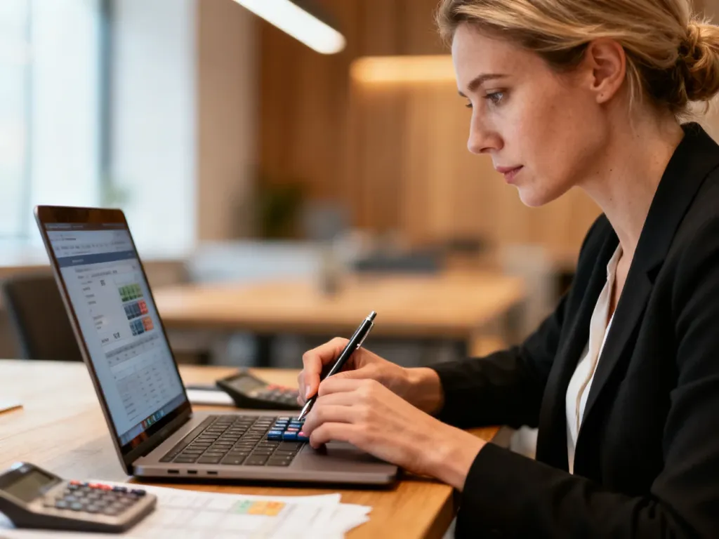 Kobieta w biurze skupiona na pracy przy laptopie i obliczeniach finansowych.